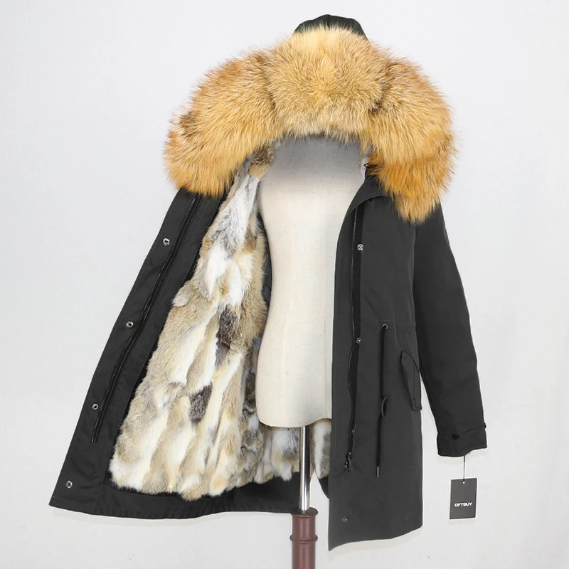 Натуральное меховое пальто брендовая Водонепроницаемая зимняя куртка женская длинная парка воротник из натурального Лисьего меха капюшон Подкладка из натурального кроличьего меха съемный теплый - Цвет: black gold4