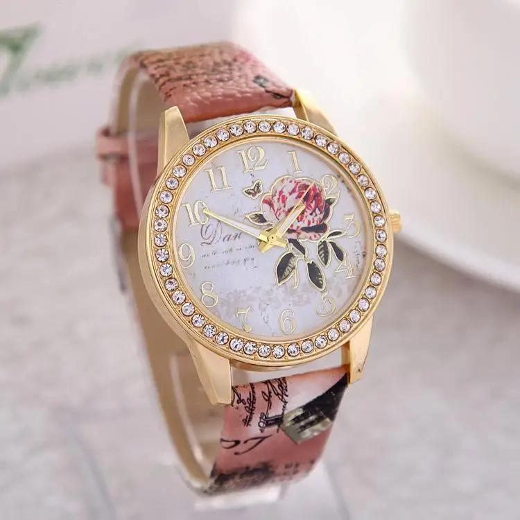 Reloj mujer, женские часы с розами, с узором, с циферблатом, женские наручные часы, кожаный ремешок с граффити, женские часы, relogio feminino