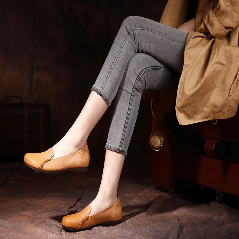 

HUIZUMEI Cheap Brown Color 2018 Causal Shoes Woman Fashion Square Toe Comfortable Shoes Genuine Leather Retro Soft Shoes