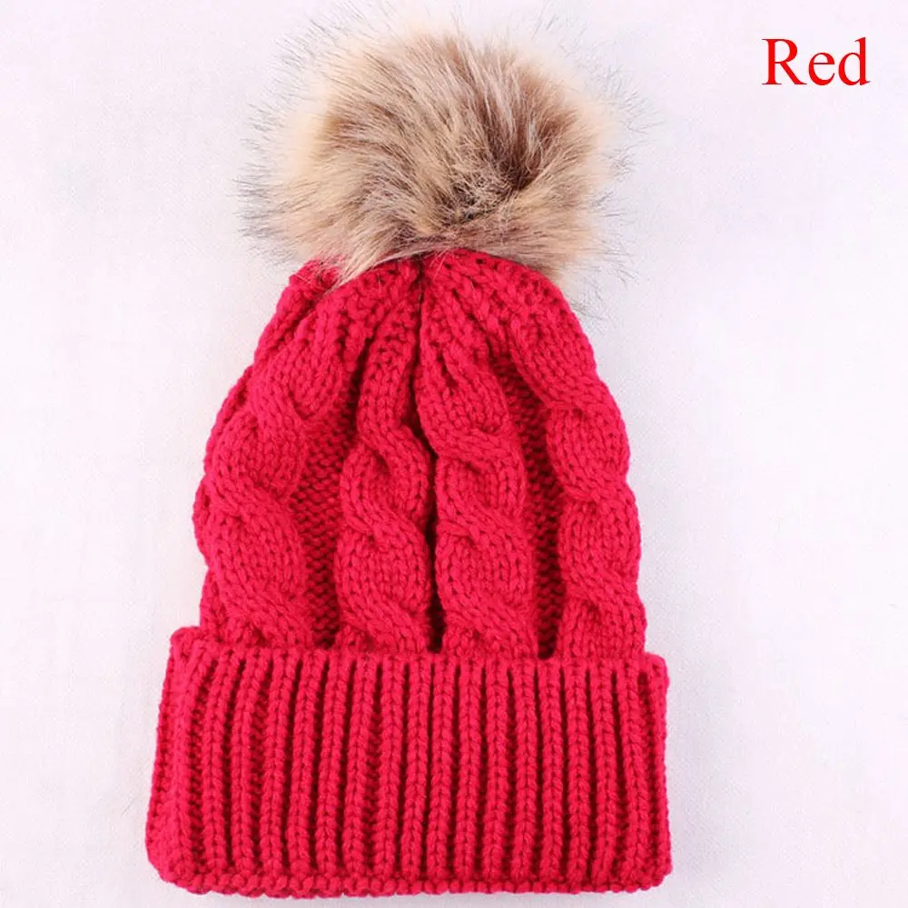 1 шт., Хит, модная зимняя теплая Женская одноцветная шапка, вязанная шерстяная шапка, вязаные шапки, шерстяные меховые шапочки с помпоном, шапка с помпоном, регулируемая - Цвет: Красный