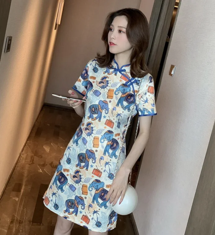 

Mr.nut Summer 2019 New Retro Cartoon Printed Cheongsam Edition Dress Literature and Art Girls College Style Elegant Temperament