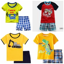 Комплект одежды для мальчиков с желтым динозавром, Детская футболка, костюм с клетчатыми штанами, детская одежда, хлопковые топы, трусики, одежда для детей 2-7 лет