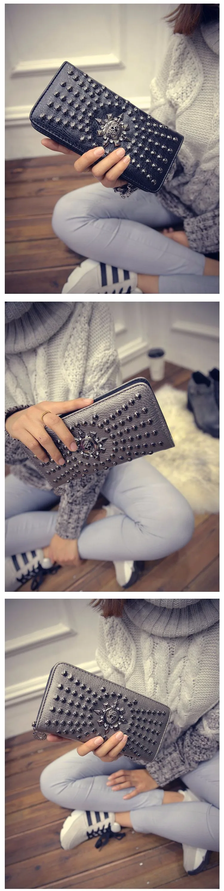 SGARR Women Famous Brand Wallet Luxury Long Wallets Female Leather Vintage Skull And Rivet Women Clutch Bag Designer Purses