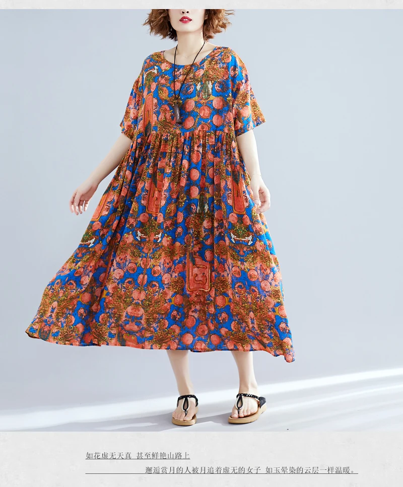 Fashion Summer Dress Women Plus Size Oversize Maxi Long Dresses For Women Elegant Vintage Print Cotton Linen Casual Dress 2019  5