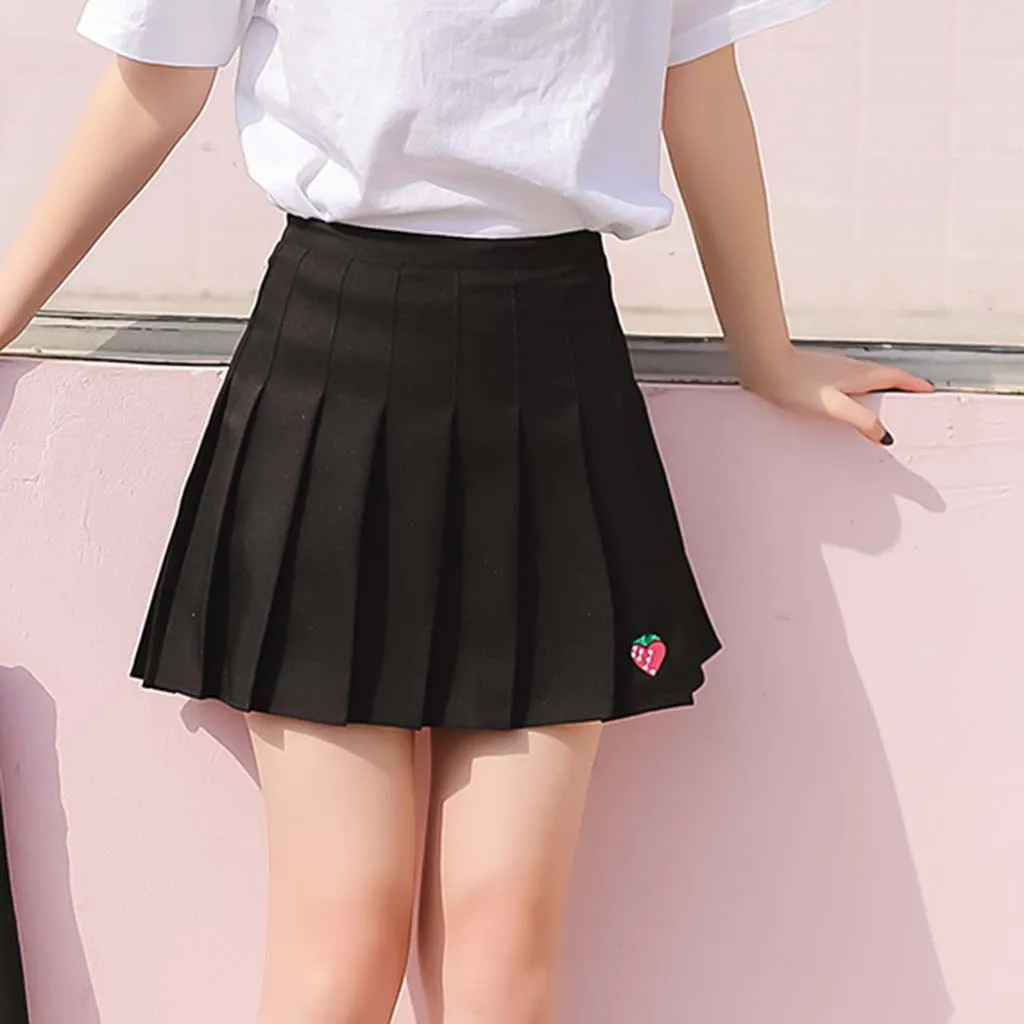 

Women Summer high waist skirt Ladies Strawberry Japanese School Student Pleated Skirt Wind Cosplay kawaii Female Mini Skirts