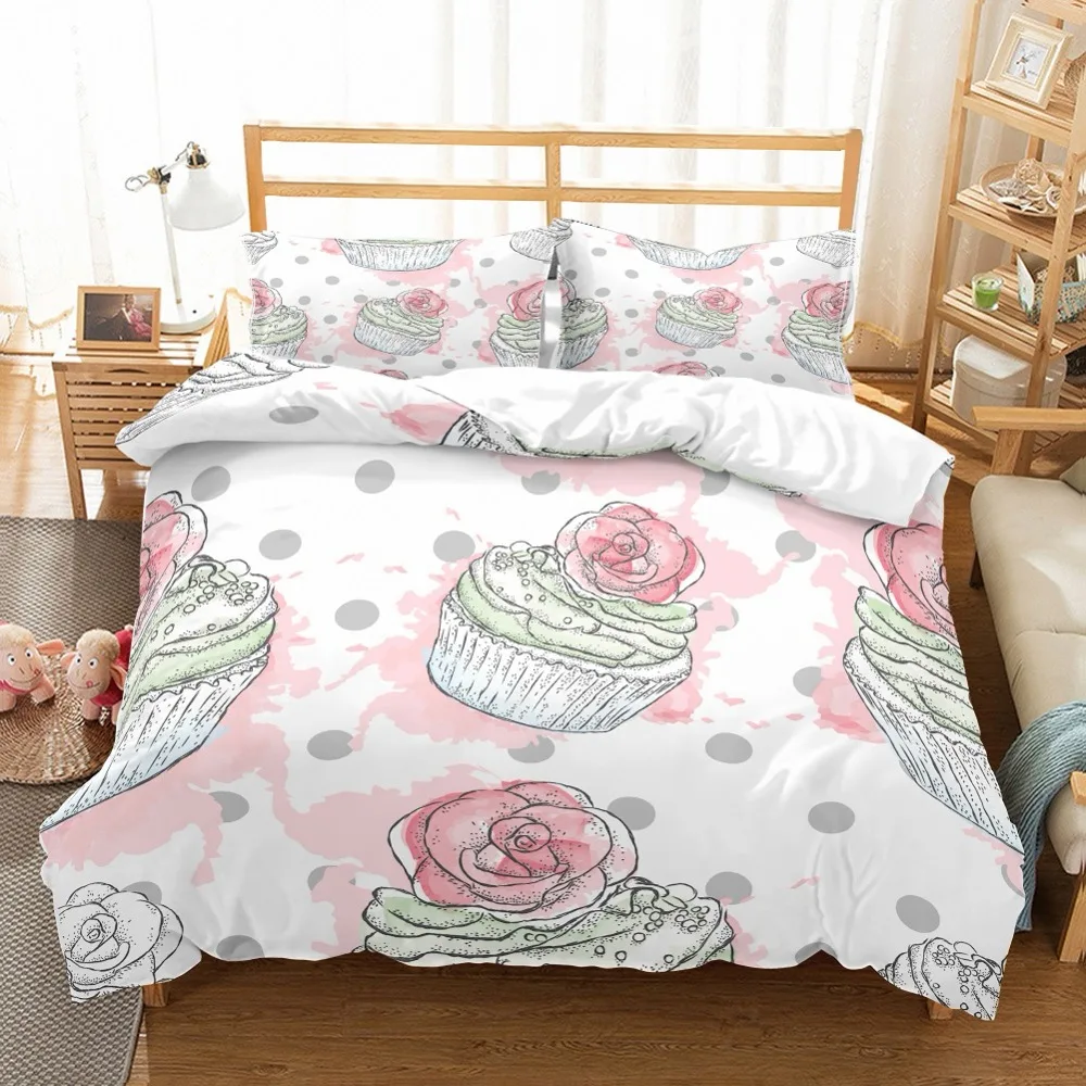 

Cupcakes Printed Bedspread White Duvet Cover Set with Gray Dots Pink/Black Food Kids Home Bedding Set 3 Pieces+2 Pillowcaese