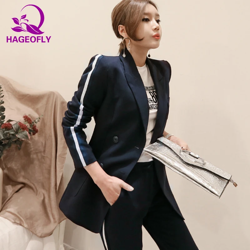 HAGEOFLY Dark Blue Blazer Suit Women Business 2 Piece Interview Suit Set Uniform Long-sleeved Blazer and Pencil Pant OL Suits