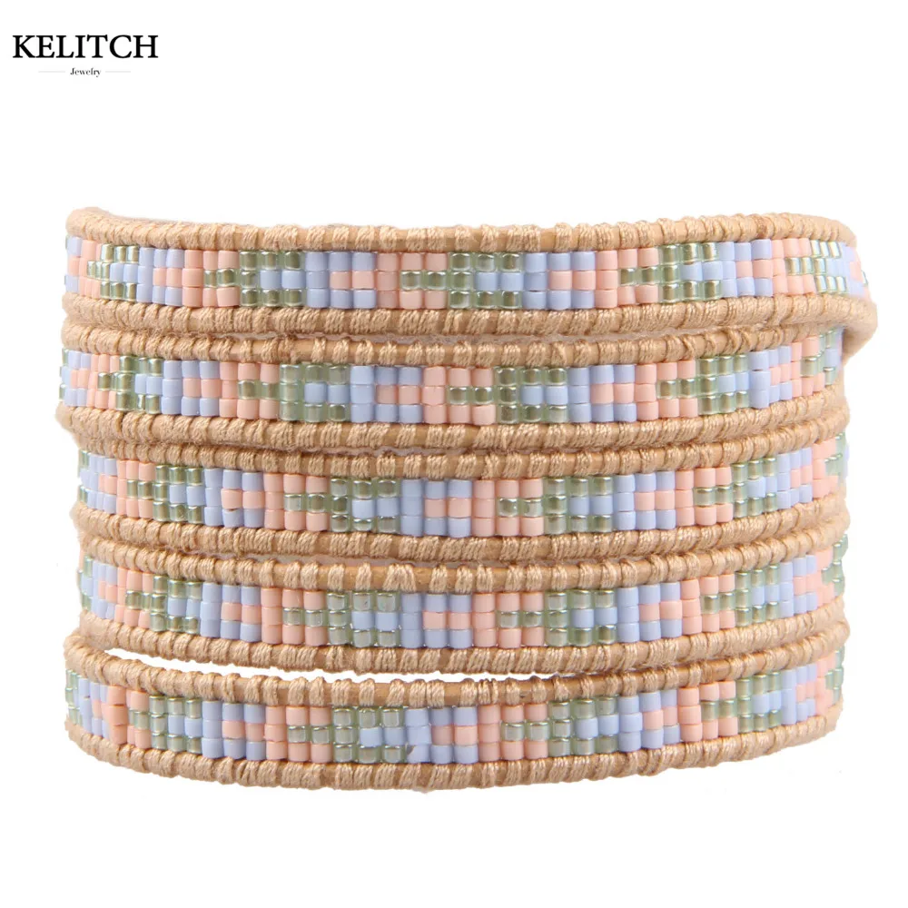 

KELITCH Braided Leather Bracelet for Women Crystal Seed Beads Cuff Wrap Bracelet Adjustable Trendy Boho Summer Jewelry