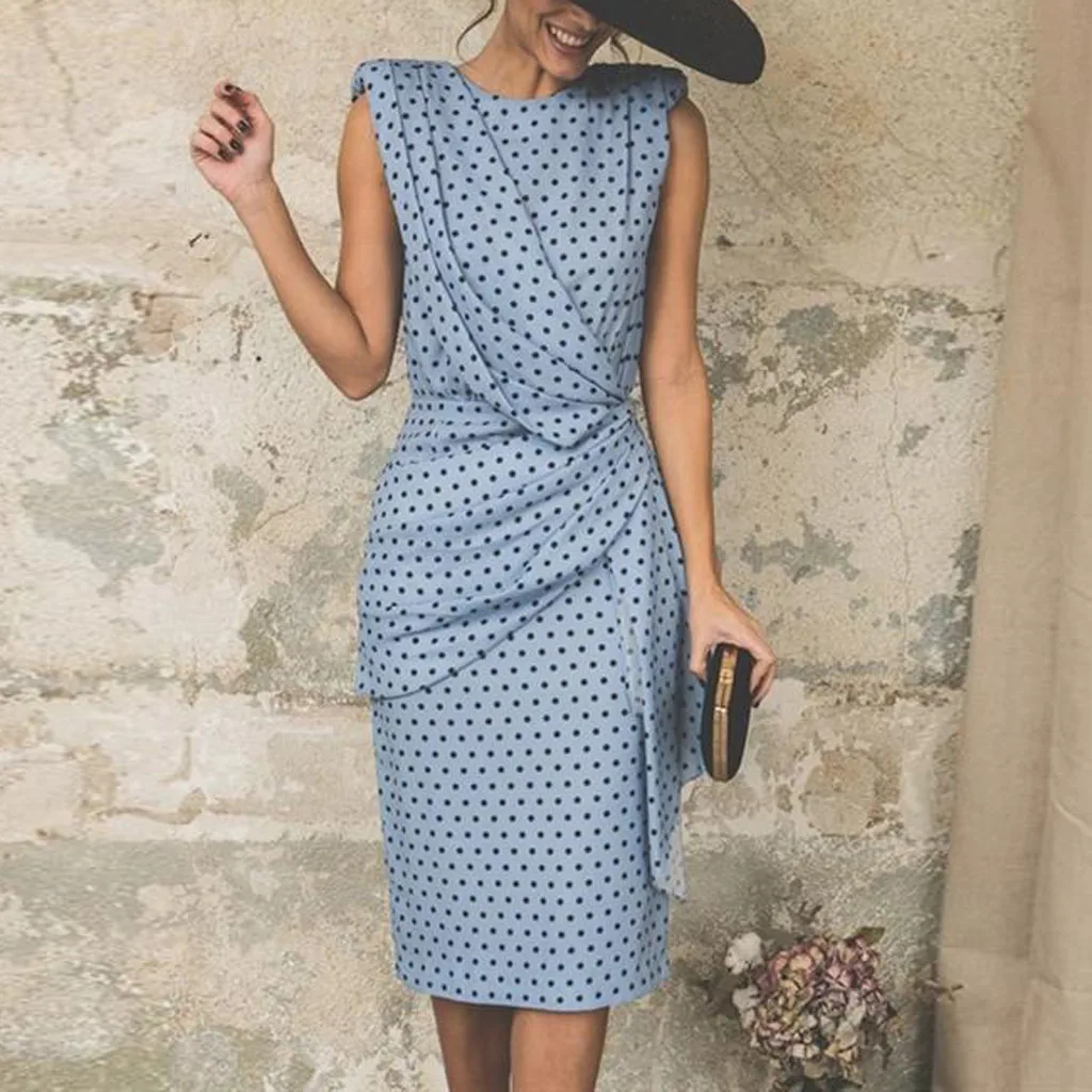 

Women Summer Dress 2019 Point Print Slim O-Neck Knee length Sleeveless Bohe Sundress Elegant Dresses Woman Party Night Vestidos