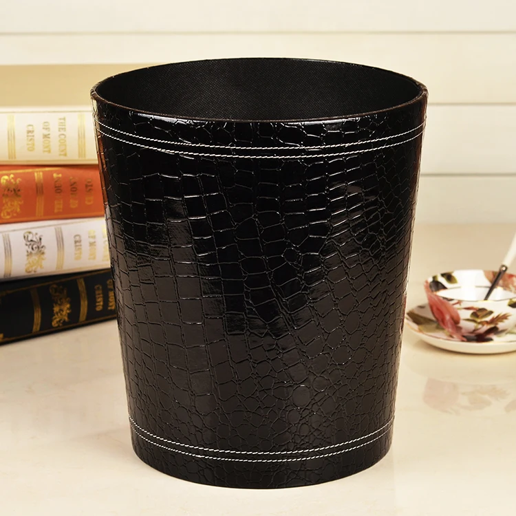 Creative Black Crocodile Grain Leather Trash Can Waste Bins Bedroom