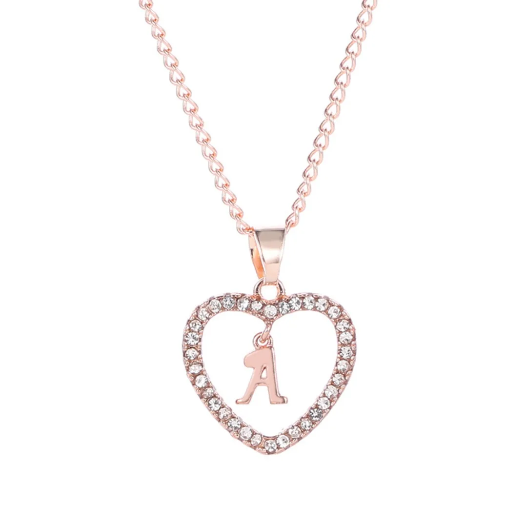 Shellhard Rose Gold Initial Alphabet Letter A-Z Chain Romantic Love Heart Crystal Pendant Necklace Charms Women Birthday Jewelry