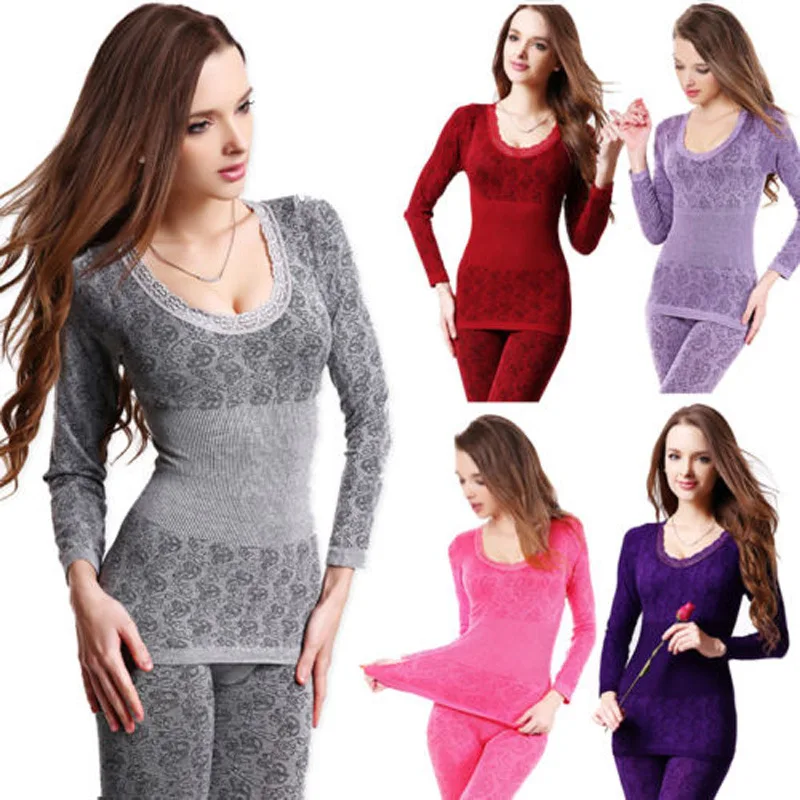 Women Pajama Set Thermal Underwears Tops Pants Slim Winter