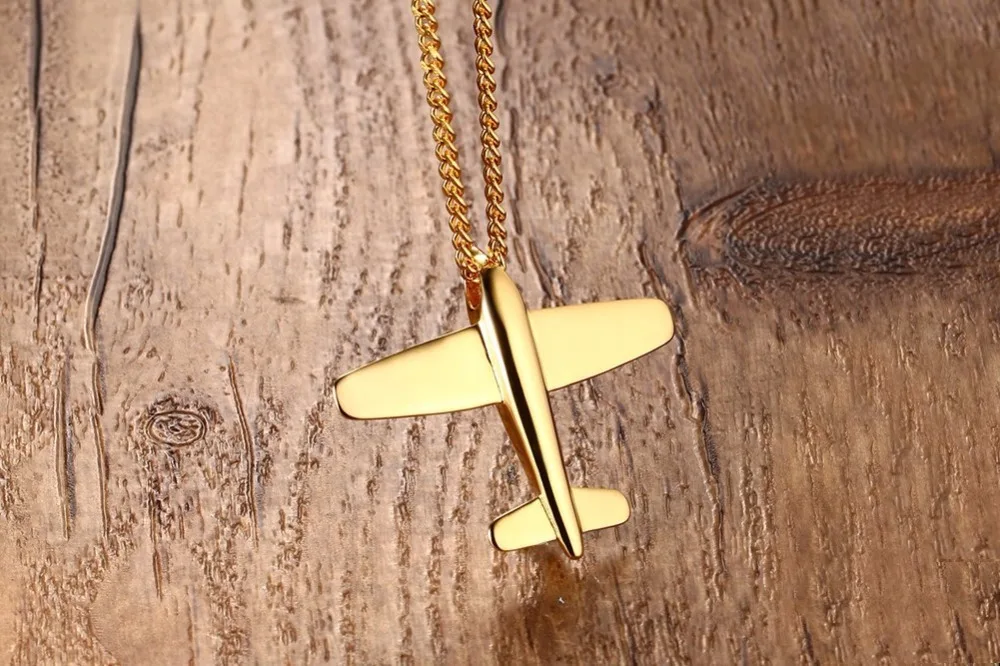 Mens Necklaces Pendants Stainless Steel Gold Tone Airplane Pendant Necklace for Men Boys Choker Jewelry 13