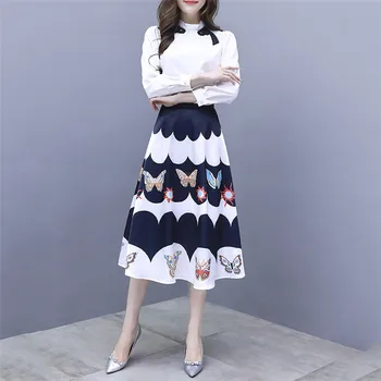 

Two Piece Set Women Korean Long Sleeve Shirt and Print Skirts Set 2019 New Spring France Fashion Temperament Slim Clothing LD914