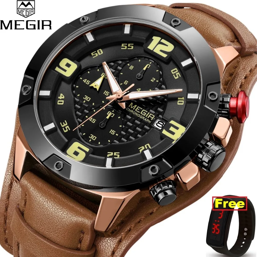 

MEGIR Men Watch Top Brand Luxury Gold Chronograph Wristwatch Date Military Sport Leather Band Male Clock Relogio Masculino 2099