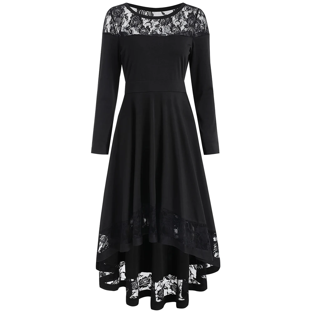VESTLINDA Lace Dress Women O Neck Long Sleeve Dress 2018 Autumn A Line High Waist Midi Vestidos Solid Black Casual Ladies Dress 10