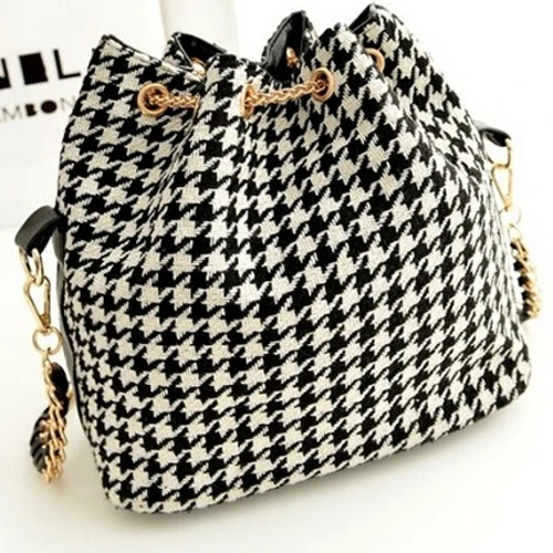 AUAU женская сумка с узором "гусиная лапка", модная сумка-мешок, тканевая Лоскутная сумка на плечо, сумка-мессенджер, черная и белая сетка