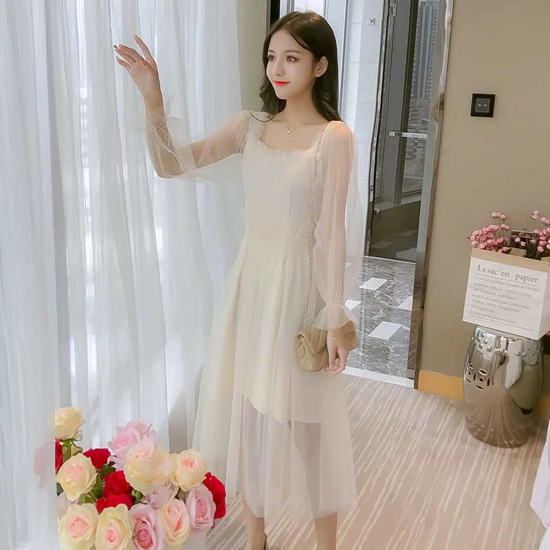 

2019 spring pregnant women new mesh in the long section of elastic high waist two-piece Maternity dress