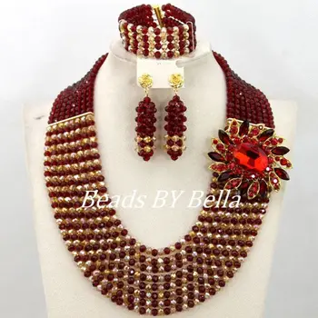 

Splendid Women Costume Jewelry Set Wine Gold Crystal Beads African Wedding Party Jewelry Set Hot New Free Shipping ABY365
