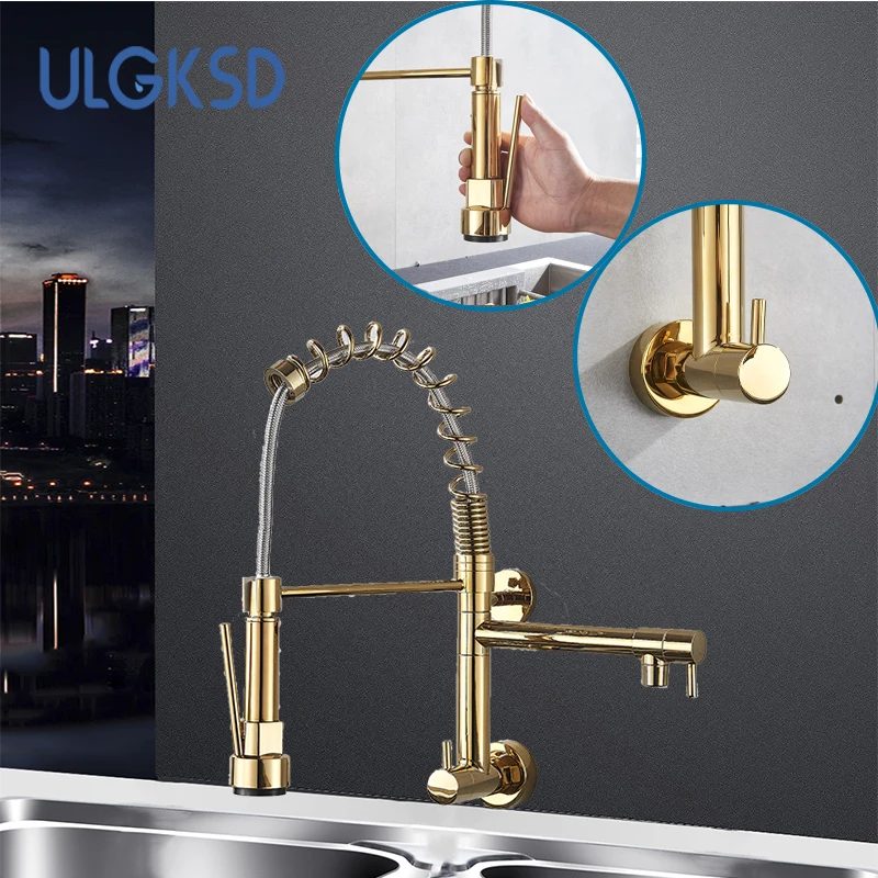 

ULGKSD Modern Golden Brushed nickle Kitchen Faucet Swivel Spout Ceramic Style Sink Cold Only Tap Wall Mounted