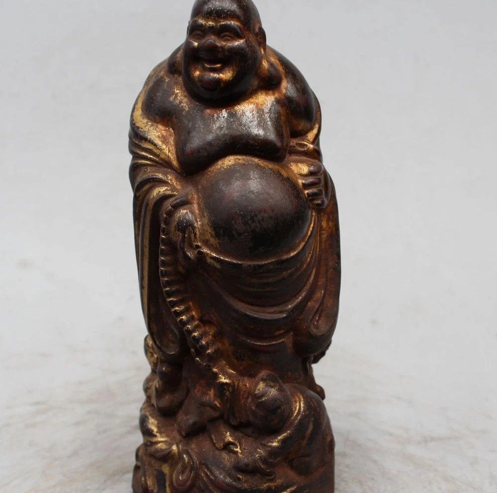 

9" Chinese Buddhism Wood carve Happy Laugh Maitreya Buddha Statue Sculpture