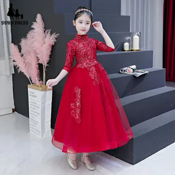 

Autumn Winter Girls Kids Wine-red Color Elegant Princes Dress Clothing Children's Evening Party Wear Birthday Wedding Prom Dress