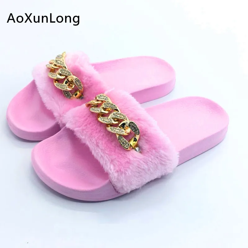 

Autumn Women's Slippers Indoor Real Rabbit Hair Women Slippers Fashion Diamond Flat Casual Shoes Woman 4 Models Size Eur 36-40