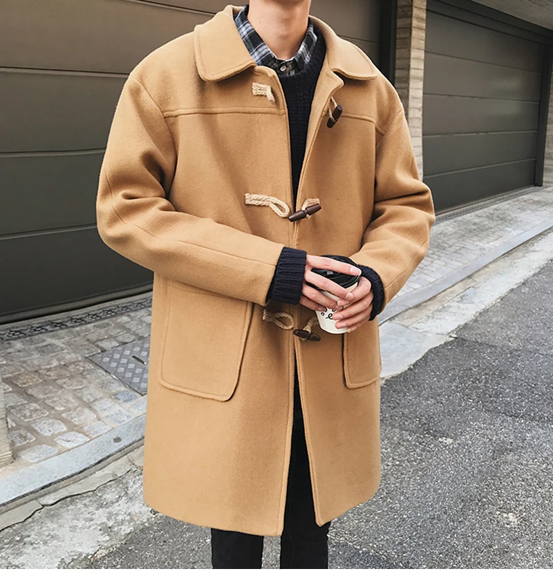 Тонкое Мужское пальто с шерстяным воротником, черное корейское пальто с пуговицами, Harajuku Casacos Masculino, мужские длинные пальто