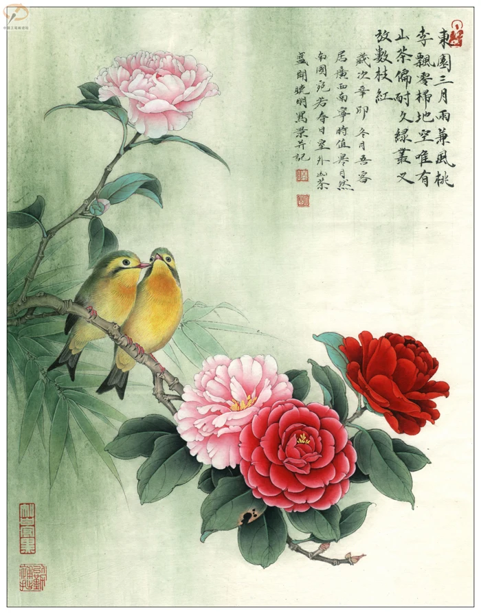 

Chinese peony flower birds love poetry scenery oil painting canvas printings printed on canvas home wall art decoration picture