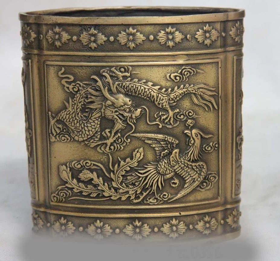 

China Bronze Copper Carved Dragon Phoenix Lotus Pen case Pencil Vase Brush pot SD 506