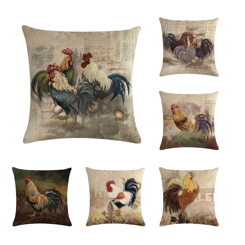 

Vintage Rooster Printed Linen Cushion Cover Decorative Pillows Chair Seat Waist Square 45x45 Cock Pillow Cover Home Living Decor