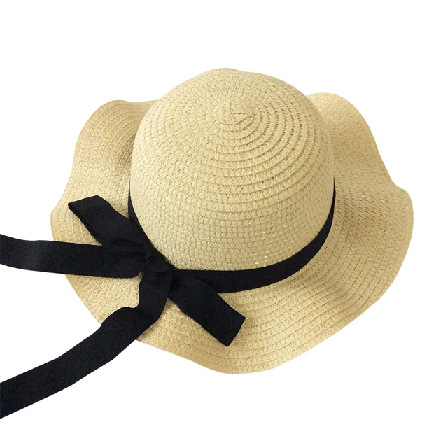 Girls Summer Cap Black Ribbon Decorate Wavy Straw Hat For Girls Children Panama Hat Kids Sun Cap Baby Beach Hats Beige