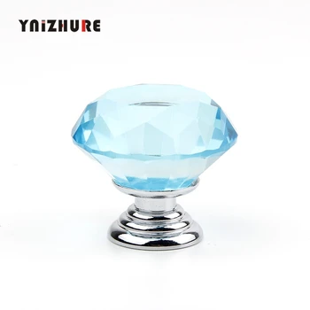 

10PCS 30mm Transparent Blue Crystal Glass Diamond Handle Drawer K9 Single Hole Round Zinc Alloy Furniture Kitchen Cabinet Handle