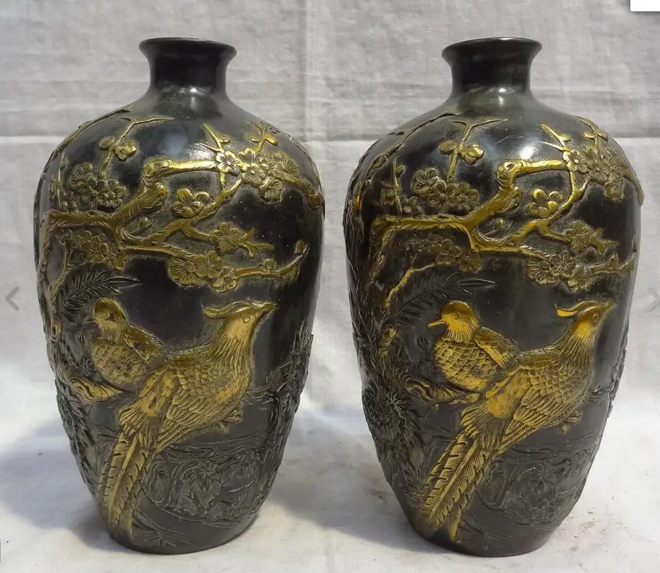 

880070240<<<8" Chinese Bronze Bird 2 Magpie Pine Tree Statue HanZi Flower Pot Vase Pair