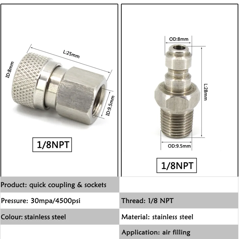 PCP Airforce Пейнтбол 1/8NPT штекер разъем 8 мм Женский Быстрый разъединитель из нержавеющей стали соединительные фитинги розетка 2 шт./компл