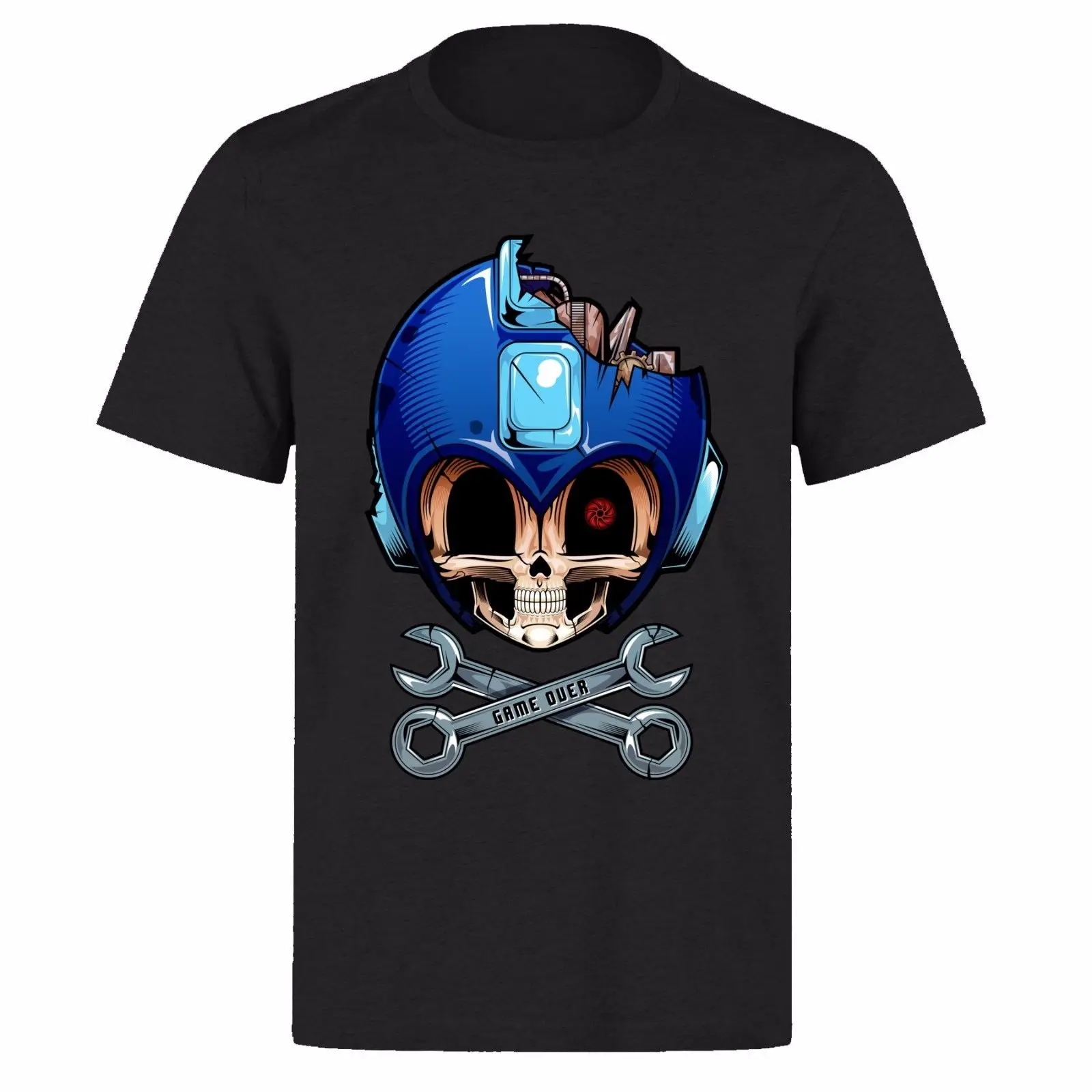 

MEGAMAN BLUE SKULL FACE GAME OVER UNISEX BLACK CLASSIC GAMER T-SHIRT Sleeve Tee Shirt Homme T Shirt Tricolor Top Tee