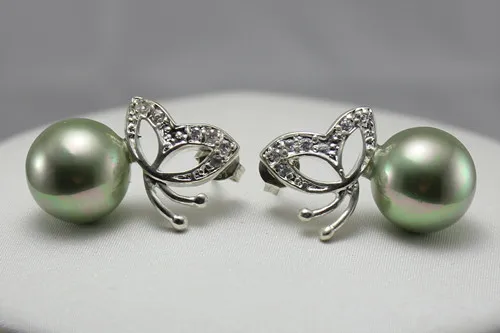 

wholesale fashion jewelry Elegant light green 8mm shell pearl with butterfly silver plated Earring #205