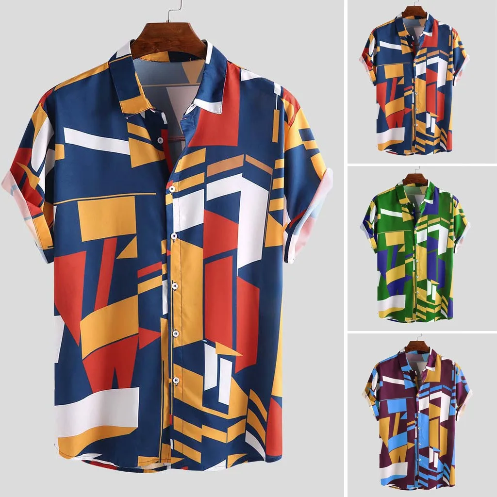 Mens Contrast Color Geometric Printed Turn Down Collar Short Sleeve Loose Shirts High Quality Casual Travel