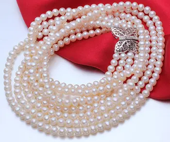 

charming AAA4-5mm 4 rows natural pearl necklace plating earring Set