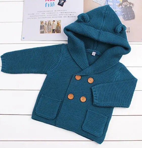 Новинка; свитера в полоску; кардиганы для маленьких девочек; осенние вязаные куртки с капюшоном для новорожденных мальчиков; детская одежда с длинными рукавами и рисунком медведя - Цвет: 82W271 Blue
