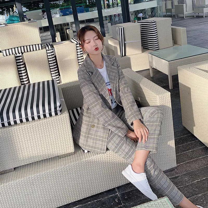 Sets female 2019 summer new women's Korean version of the loose plaid lapel small suit jacket casual pants two-piece