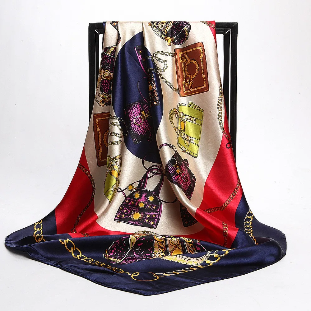 

Fashion Female Bag Pattern Satin Square Silk Scarf 90*90cm Polyester Hijab Head Scarf Brand Beach Cover-ups Square Scarves Wraps