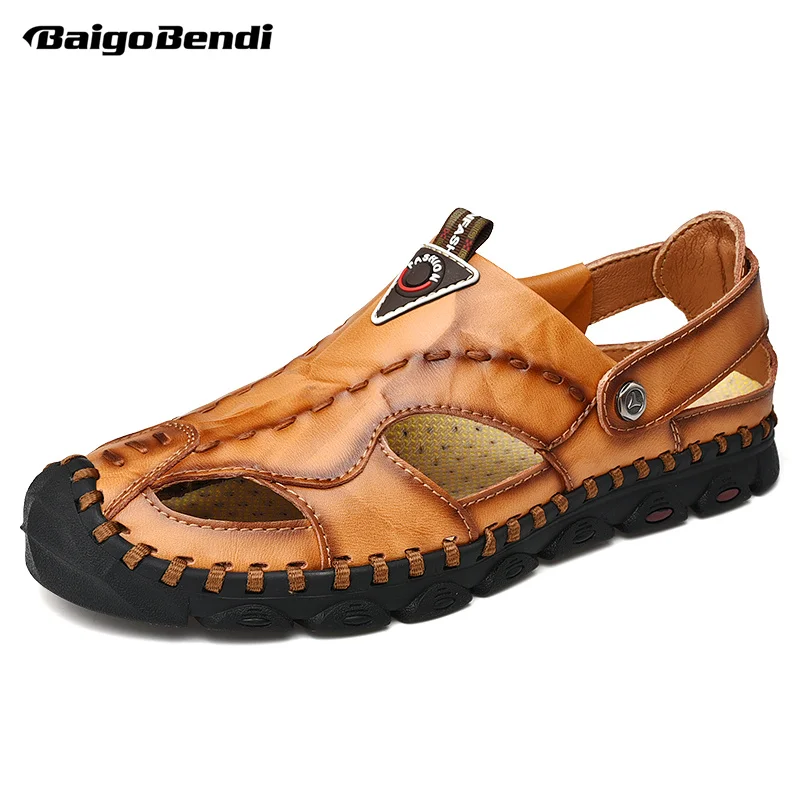 

US 6-12 Men Close Toe Real Leather Sport Sandals Fishermen Hollow Out Summer Slippers Man Slides Shoes Beach