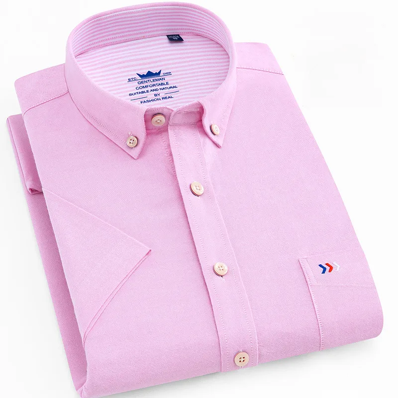 الصيف جديد جيد جودة القطن الخالص قصيرة الأكمام زر طوق مخطط منقوشة الصلبة الذكية الأعمال الرجال عارضة قمصان الجبهة جيب