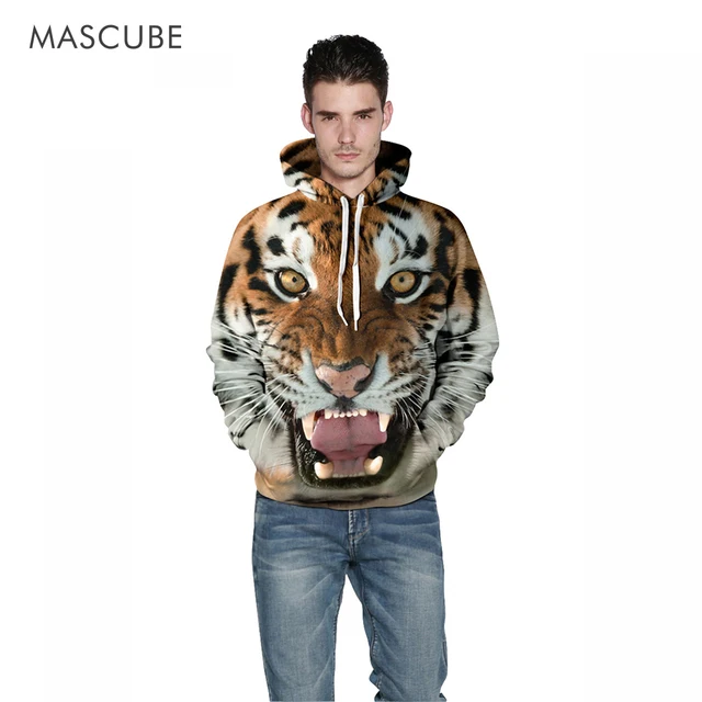 Mascube новая мода мужчины 3d толстовки печати тигр животных повседневная толстовки с крышки осень зима толстовка с карманами спереди
