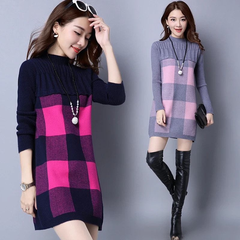 

Women Autumn Long Plaid Turtleneck Sweater 2018 Winter Knitting Dress