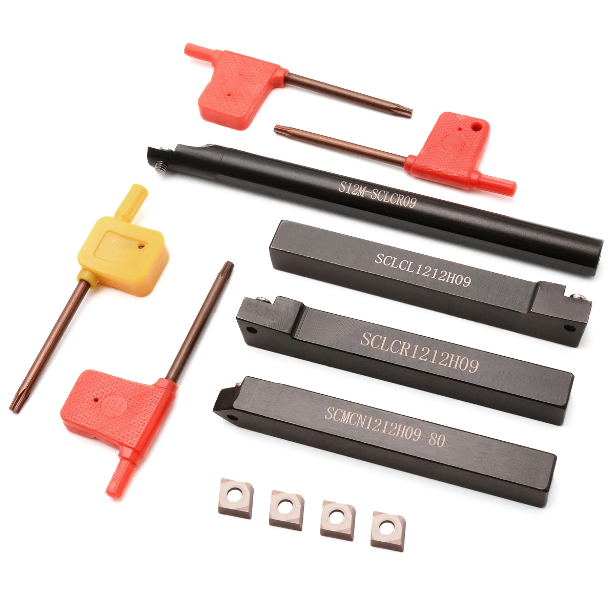 

4pcs CCMT 09T3 Carbide Inserts Blades + 4pcs Straight Shank Lathe Index Boring Bar Turning Tool Holder + 4pcs Wrenches