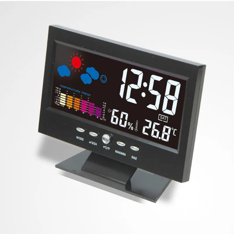 Домашний будильник, цифровой гигрометр, термометр, измеритель температуры и влажности, комнатный голосовой контроль, таблица погоды, ЖК-дисплей