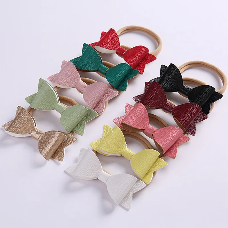 

10pcs/set PU Leather Hair Bows on Nylon Headbands Little Girls Bowknot Elastic Hairbands Turban Head Wraps Hair Accessories