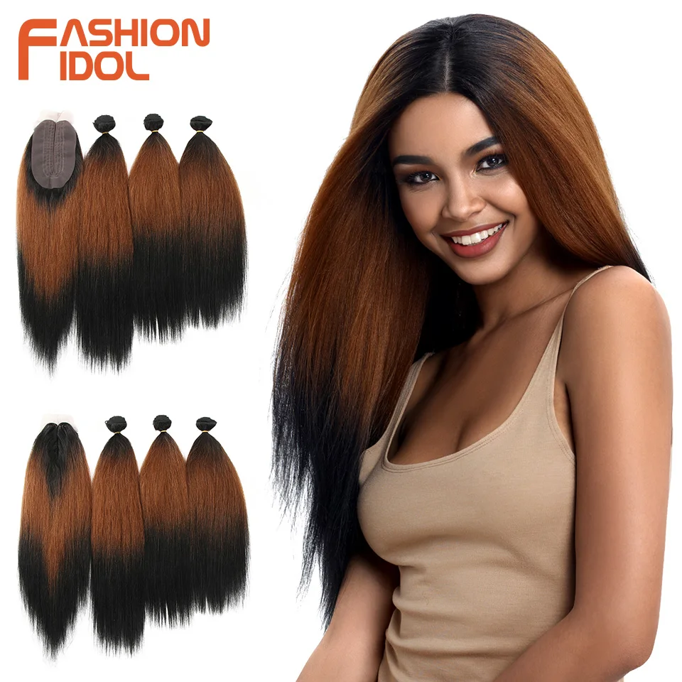 Fashion Idol 18 22 Inch Yaki Straight Hair Bundles 6 Inch Lace